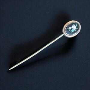 Antique Rolled Gold Italian Pietra Dura Forget Me Not Flowers Stick Pin 3”